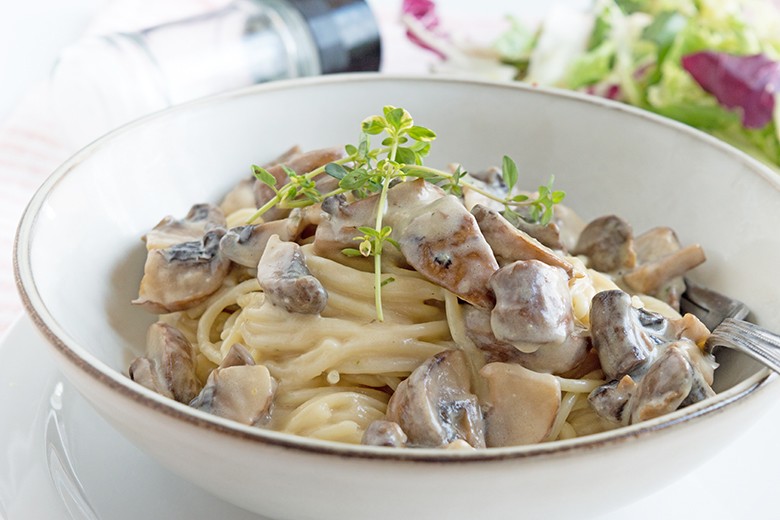 Dinkelnudel mit Pilz-Lauch-Sahnesauce
