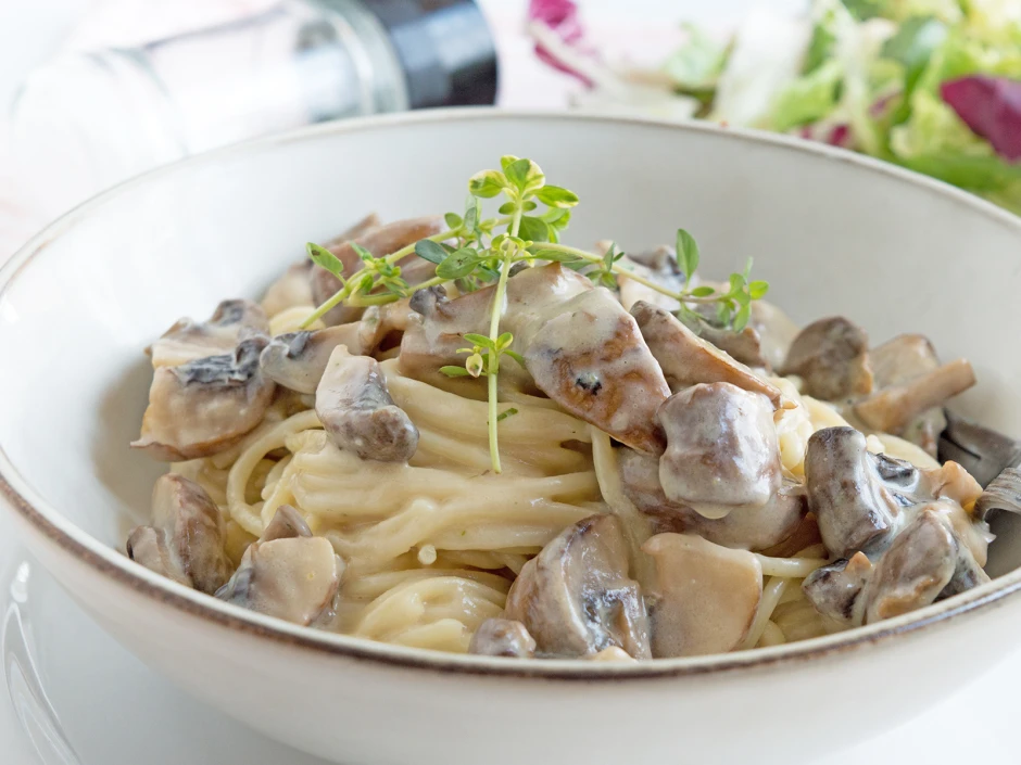 Dinkelnudel mit Pilz-Lauch-Sahnesauce