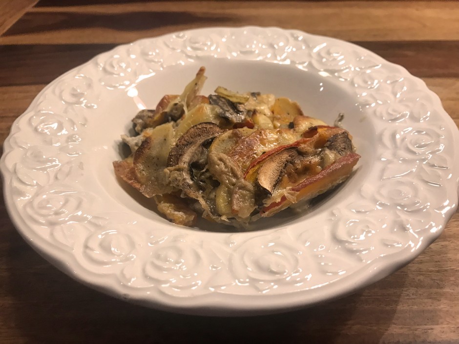 Hokkaido-Erdäpfel-Gratin mit Champignons