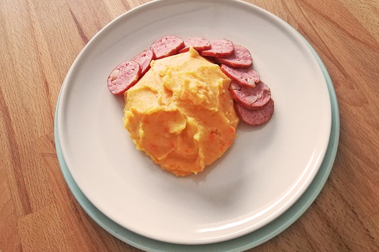 Karotten-Kartoffelpüree mit Würstel
