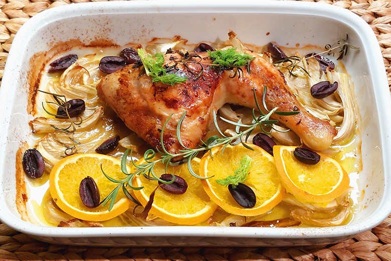 Hühnerschenkel mit Fenchel und Orange