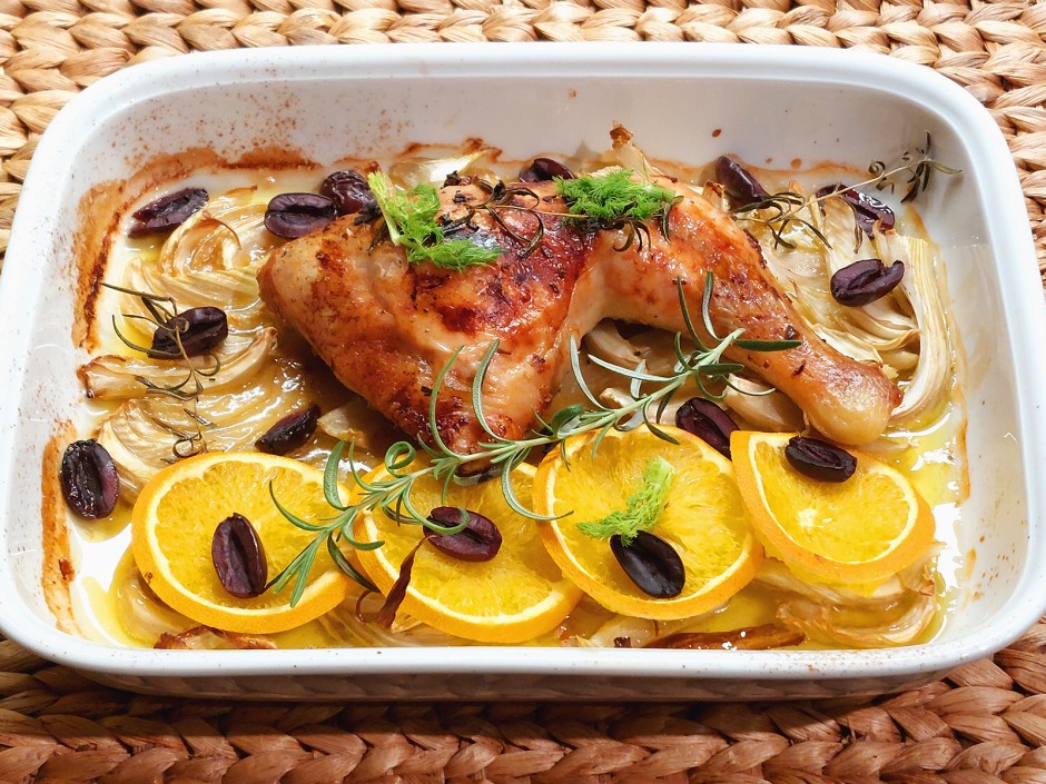 Hühnerschenkel mit Fenchel und Orange