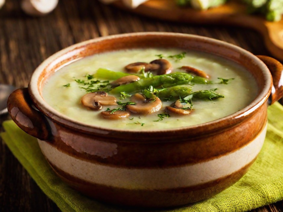 Grünspargelsuppe mit Pilzen