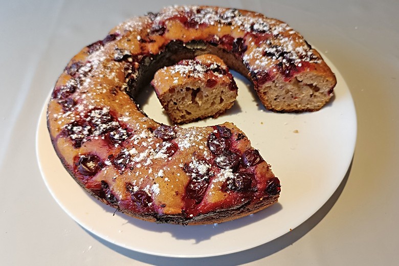 Joghurtkuchen mit Ribisel aus dem Camping-Backofen