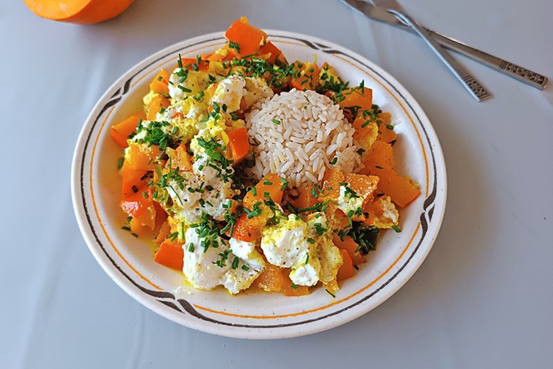 Kürbis-Ricotta-Pfanne mit Reis