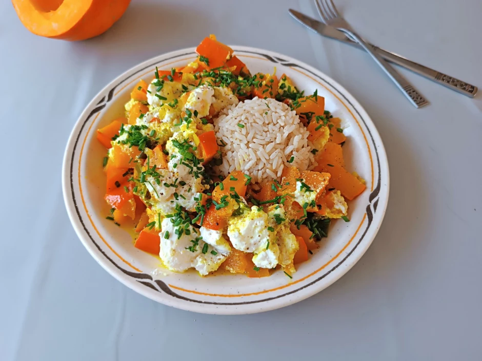K&uuml;rbis-Ricotta-Pfanne mit Reis