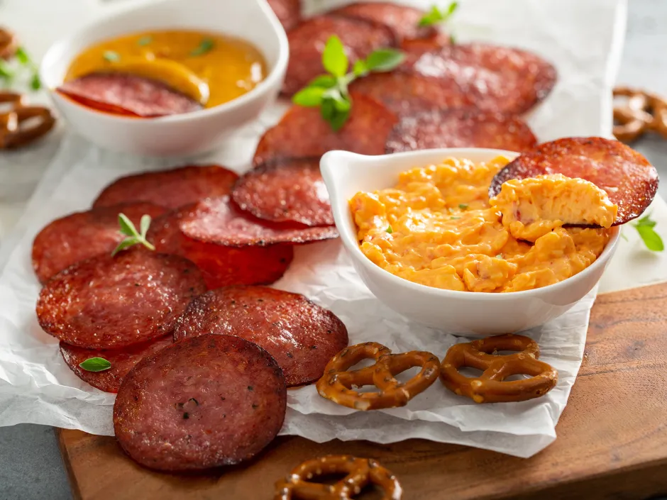 Salami-Chips mit K&auml;sedip