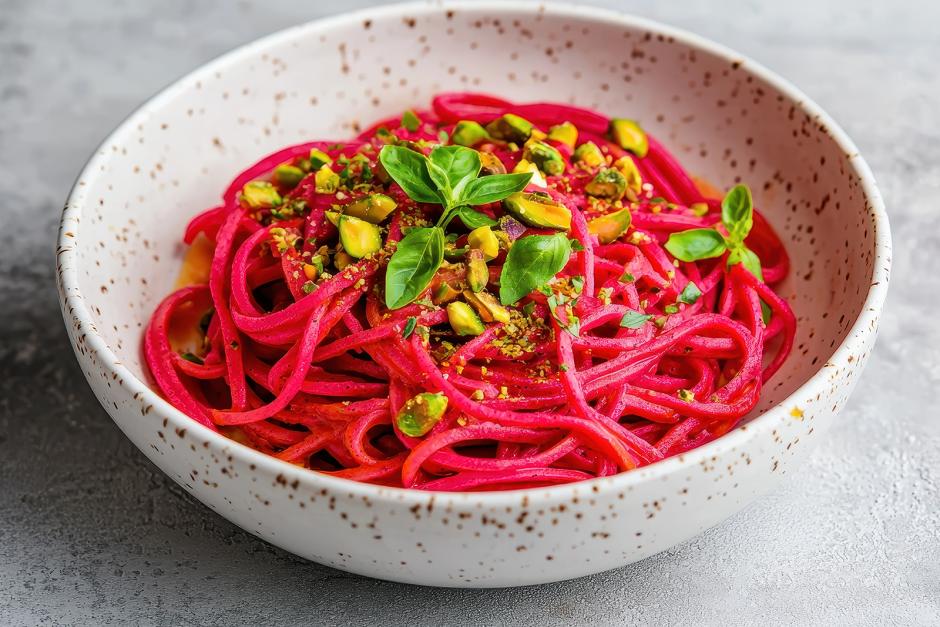 Rote-Rüben Gemüsenudeln mit Pistazien 
