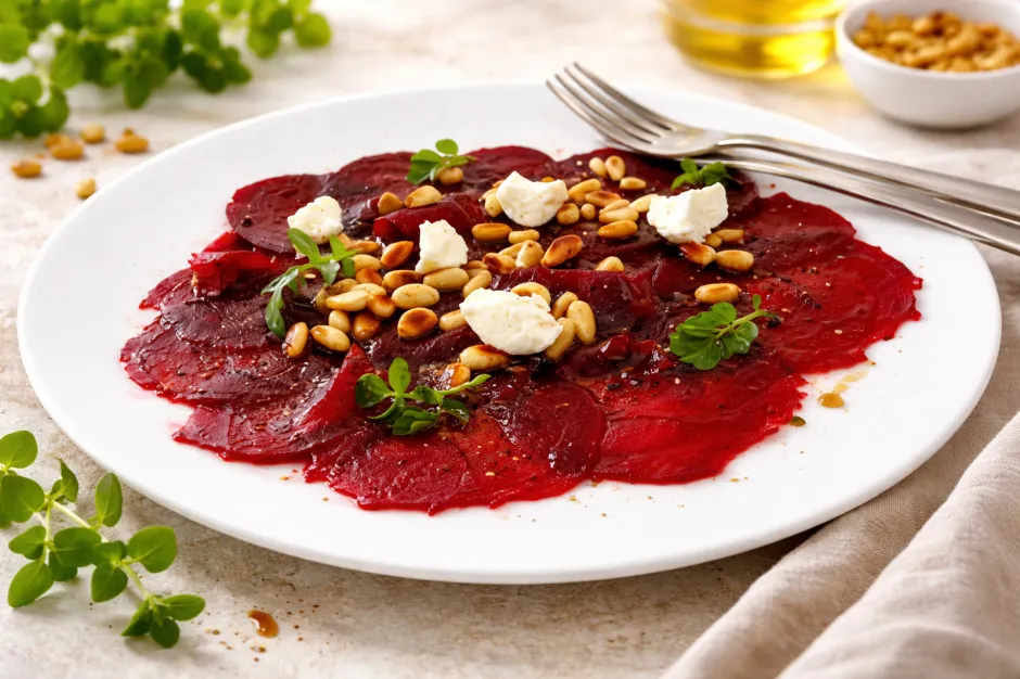 Rote R&uuml;ben Carpaccio mit Ziegenk&auml;se