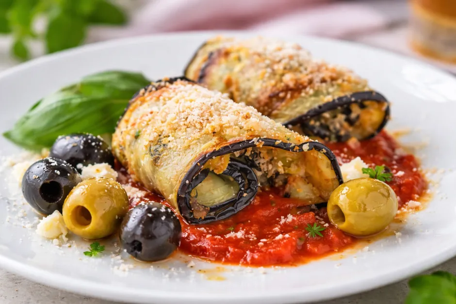 Oliven-Knoblauch-Auberginenrollen