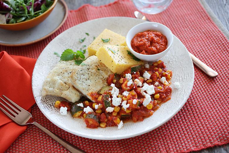 Gartenpfanne mit Kabeljaufilets
