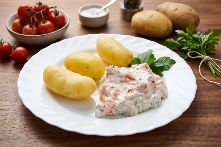 Gekochte Kartoffel mit Tomatentopfen