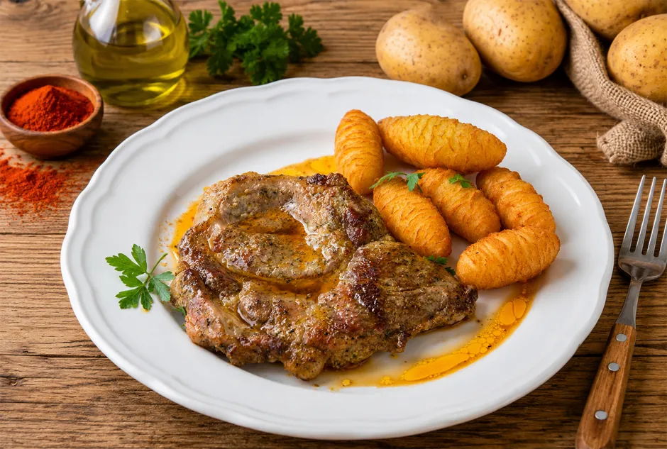 Marinierter Schopfbraten mit Kroketten