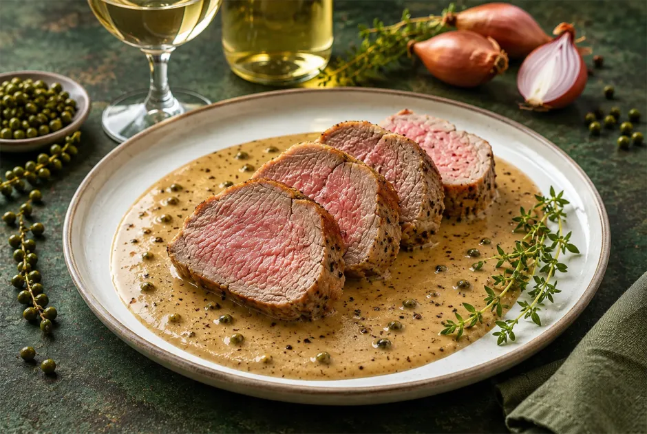 Schweinslungenbraten mit gr&uuml;nem Pfeffer