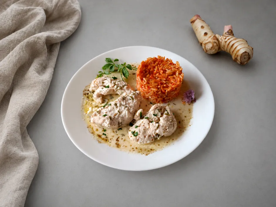 H&uuml;hnerbrustfilet mit Reis aus dem Campingbackofen