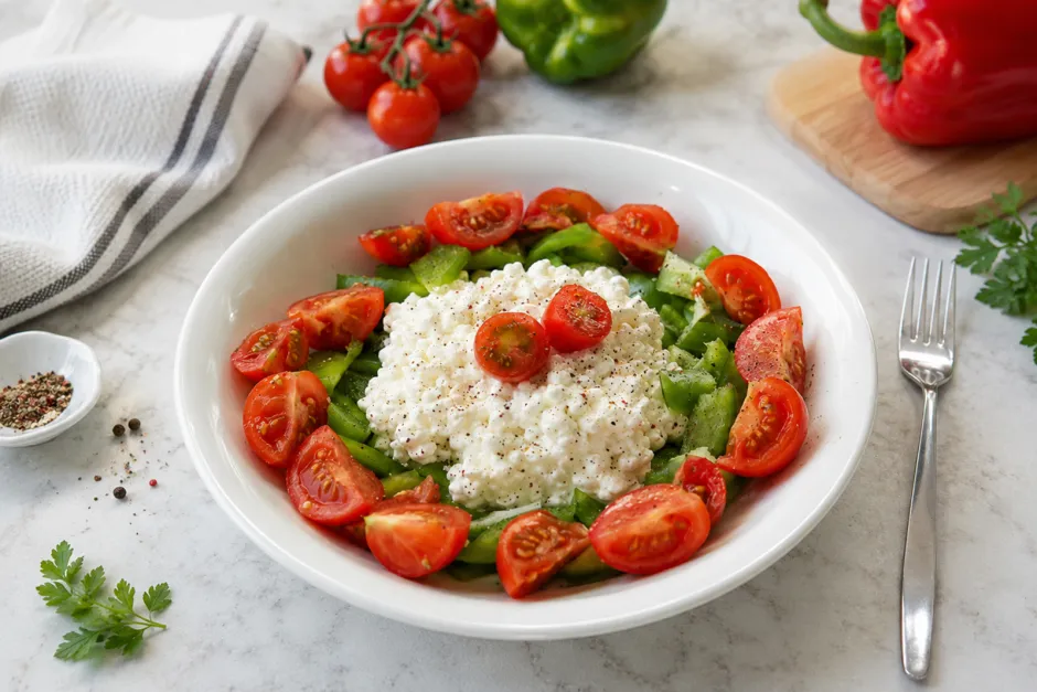 Tomaten-Paprika mit H&uuml;ttenk&auml;se