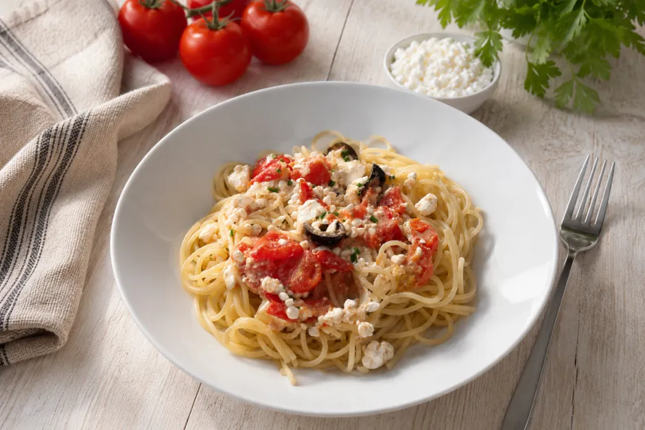 Spaghetti mit H&uuml;ttenk&auml;se und Tomaten
