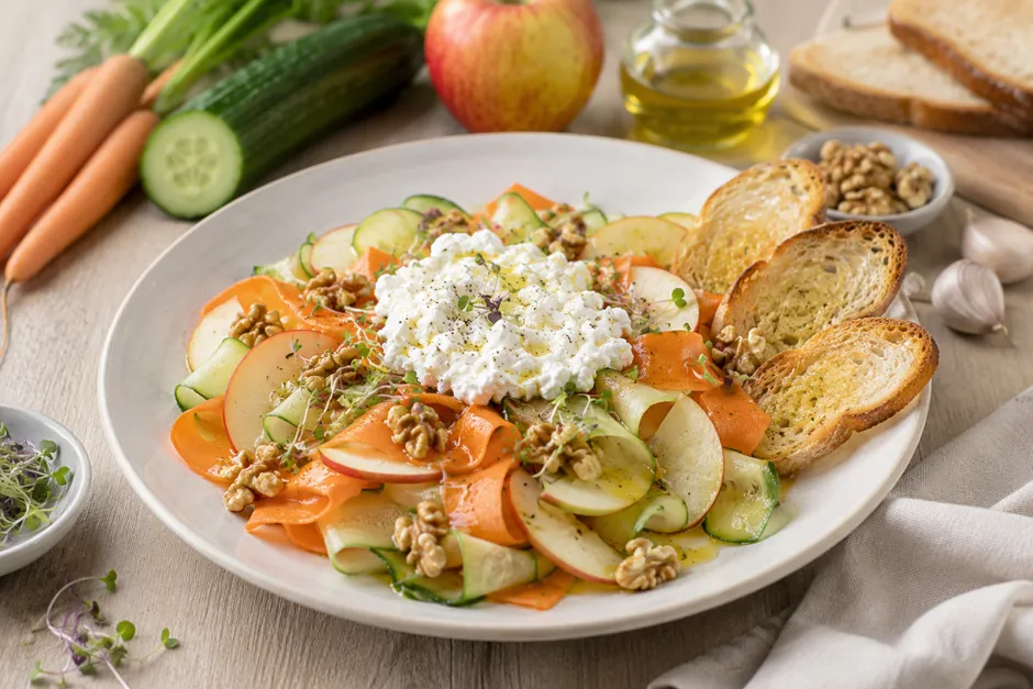 Salat mit Cottage Cheese und Brotchips
