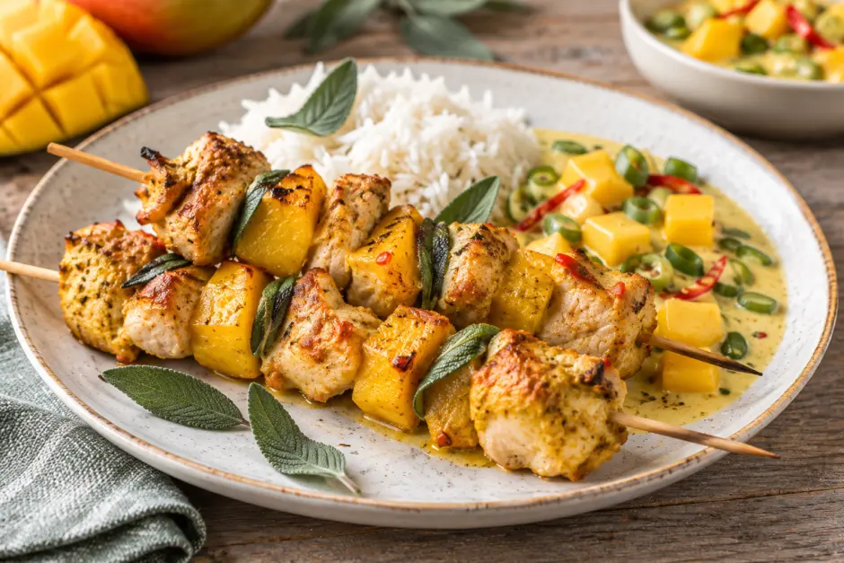 Putenspießchen mit Mango und Salbei
