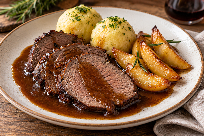 Hirschrollbraten mit karamellisierten Birnen und Kartoffelknödeln