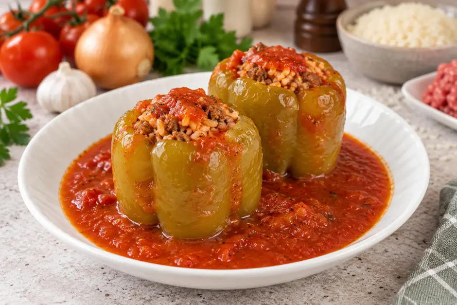 Gef&uuml;llte Paprika mit Tomatensauce