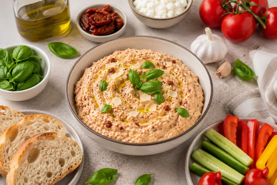 Tomate-Basilikum-H&uuml;ttenk&auml;se-Dip