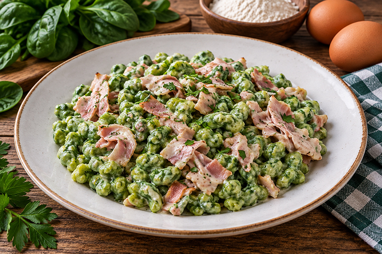 Spinatspätzle mit Schinken
