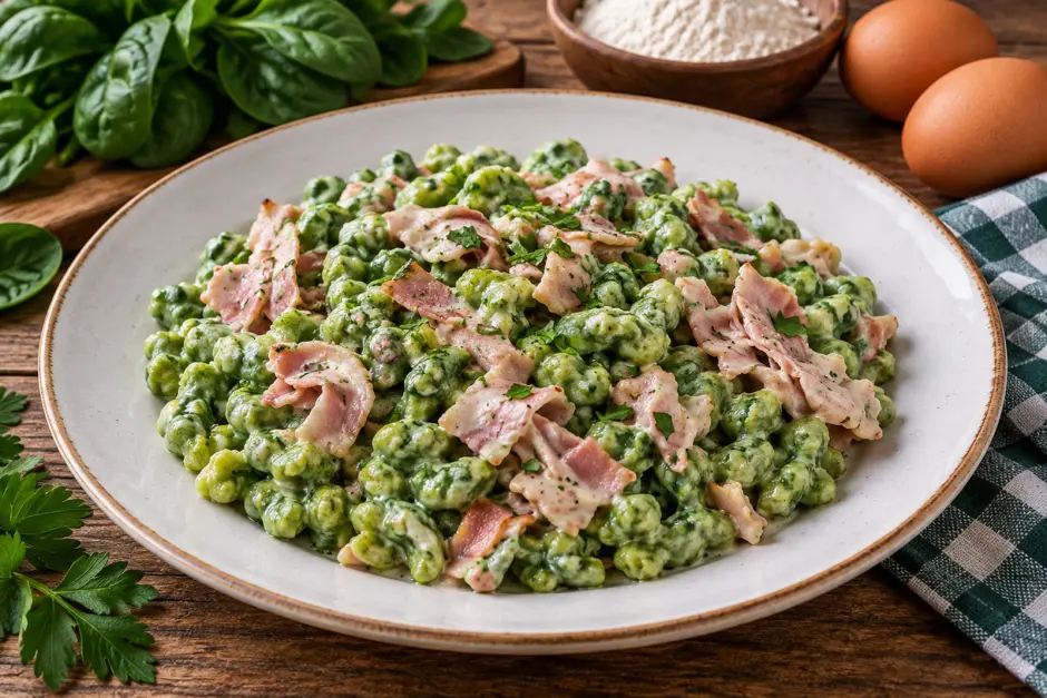 Spinatspätzle mit Schinken