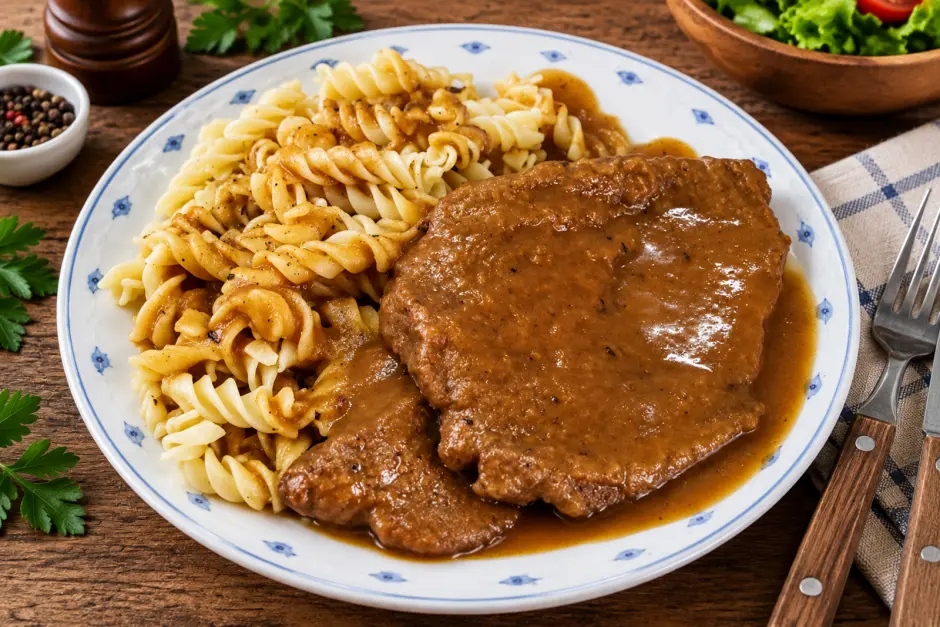 Saft-Rindschnitzel mit Hörnchen