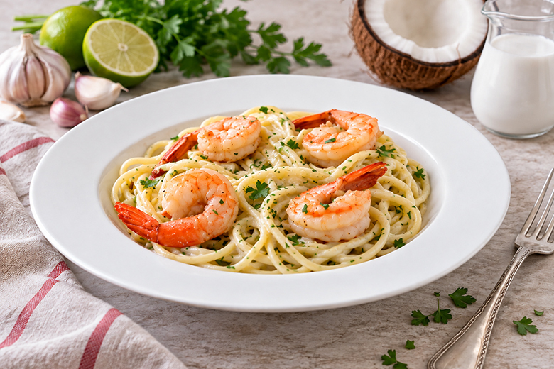 Spaghetti mit Shrimps und Kokosmilch