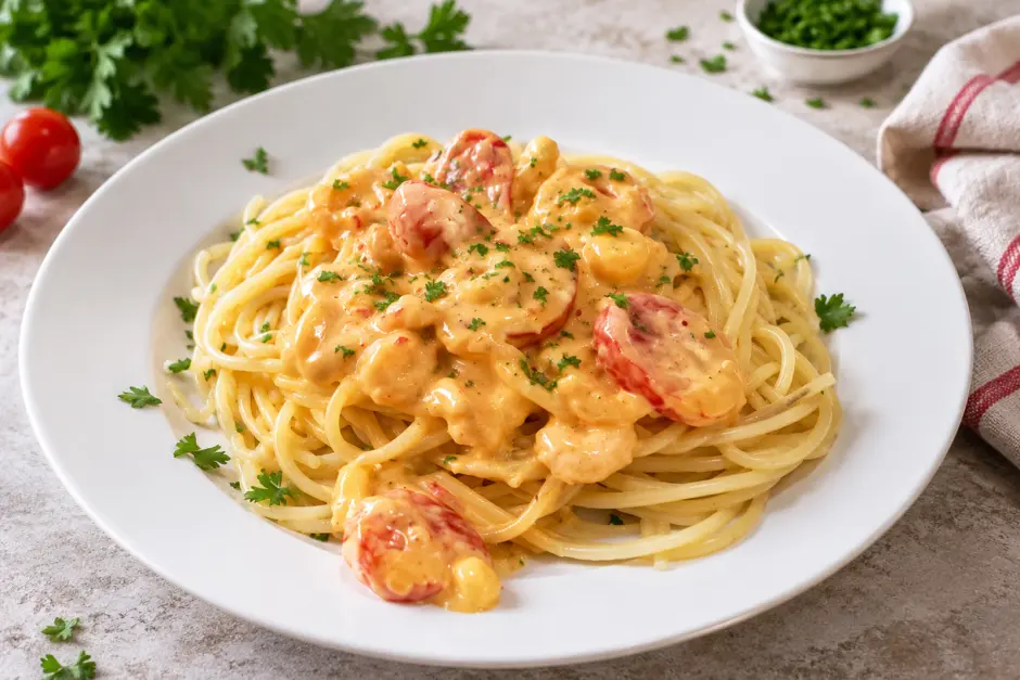 Spaghetti mit Shrimps in Brunch-Sauce