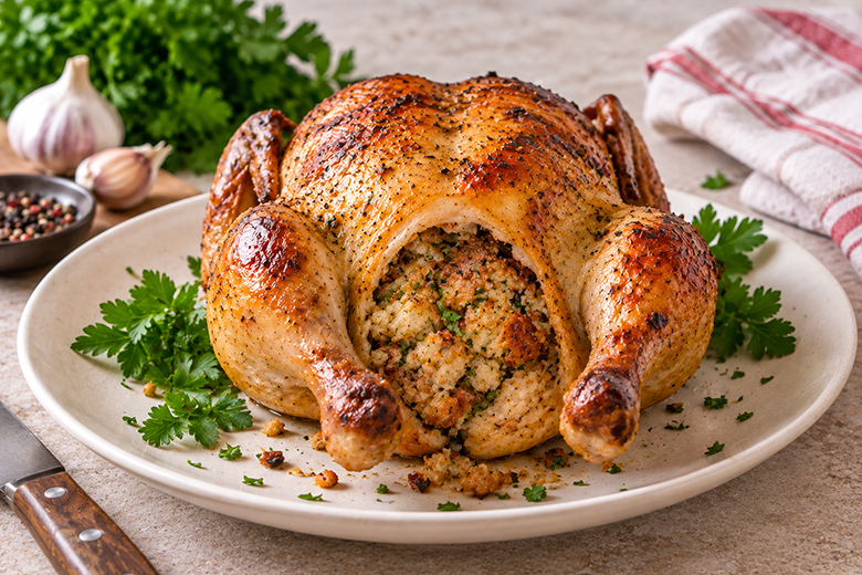 Grillhuhn mit Semmelfülle