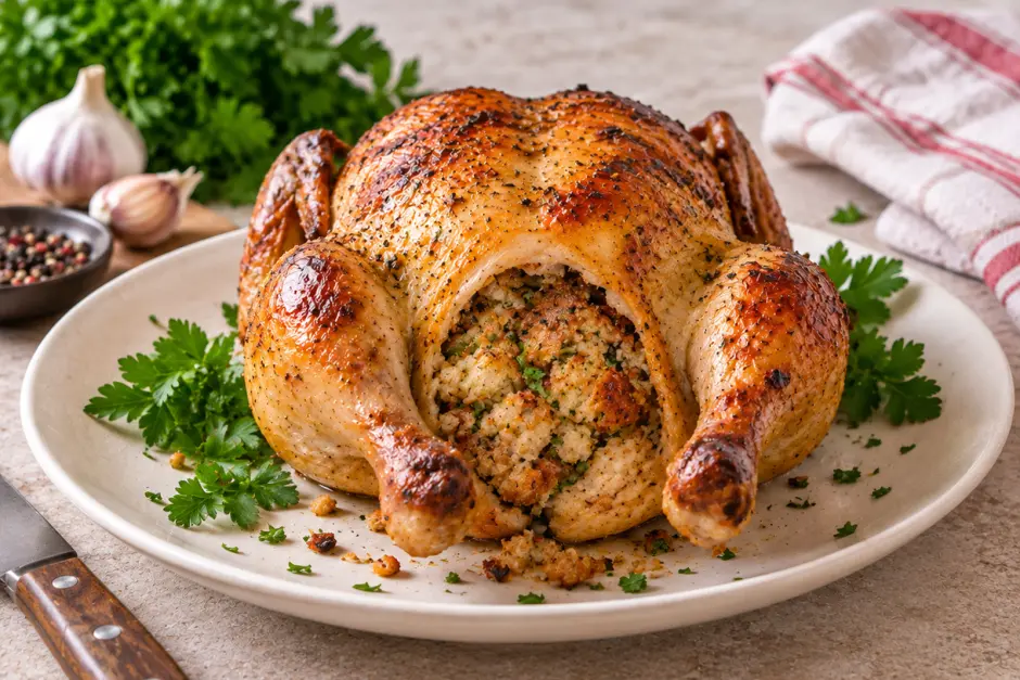 Grillhuhn mit Semmelfülle
