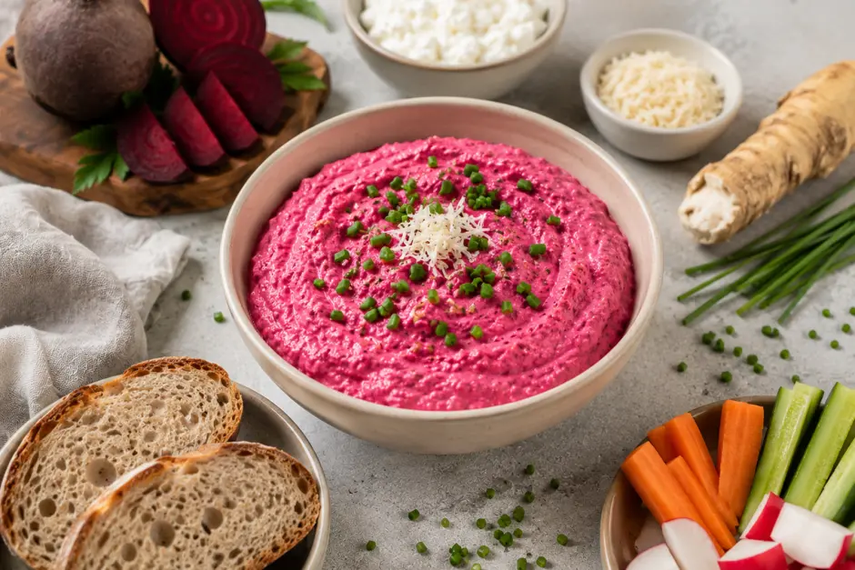 Rote-Rüben-Kren-Hüttenkäse-Dip