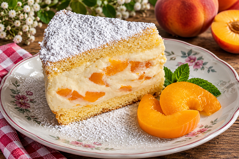 Käsesahnetorte mit Pfirsichstückchen