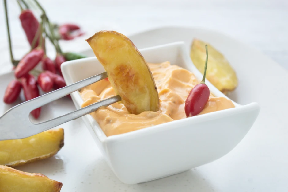 Kartoffelspalten mit Feuriger K&auml;sesauce