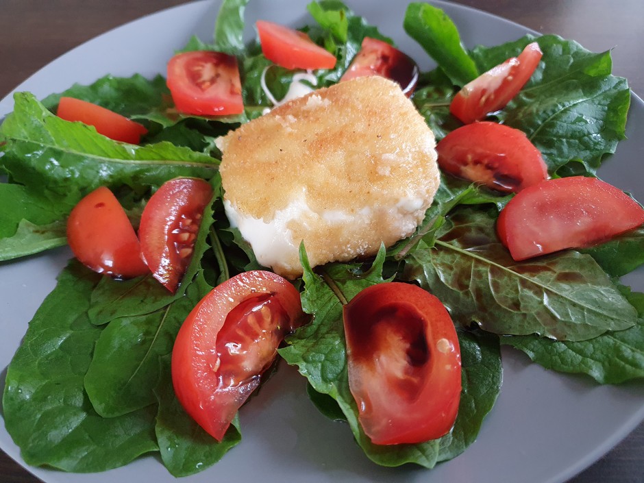 Gebackener Mozzarella auf Löwenzahnsalat