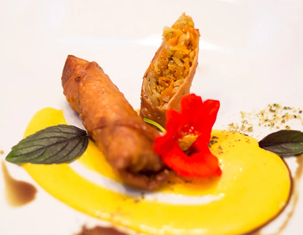 Steirische Fr&uuml;hlingsrolle mit K&uuml;rbis-Ingwerdip