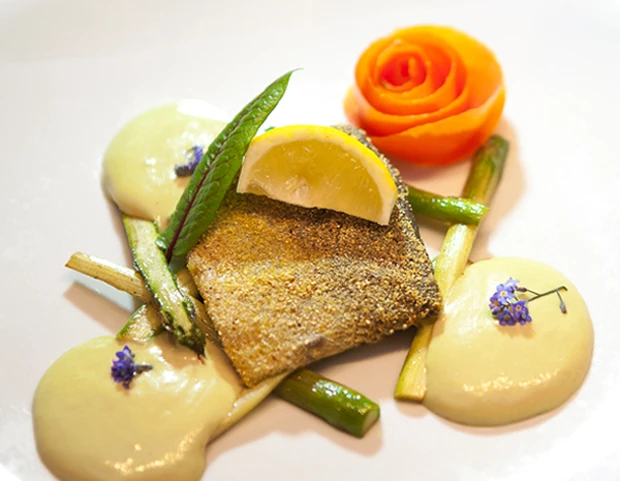 Forelle mit K&uuml;rbiskern&ouml;l-Espuma