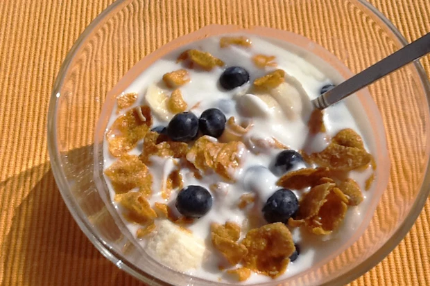 Knusper-Joghurt mit Banane und Heidelbeeren