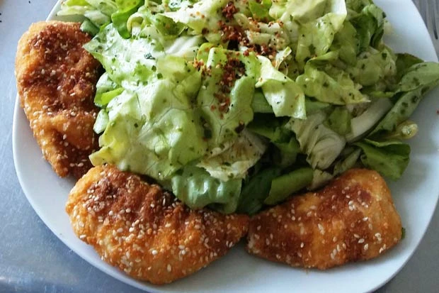 Salat mit gebackenen Putenbrust- oder H&uuml;hnerstreifen