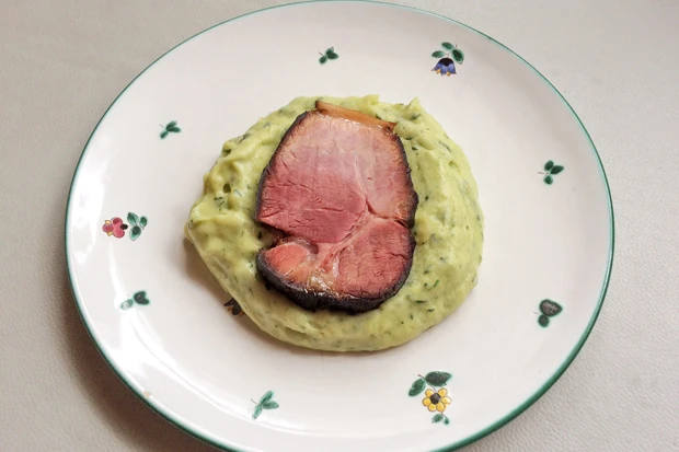 Kartoffelpüree mit Bärlauch und Bauerngeselchtes