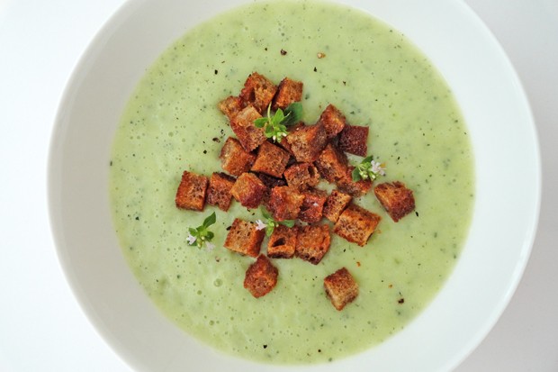 Kartoffel-Zucchini Suppe mit Schwarzbrotwürfel