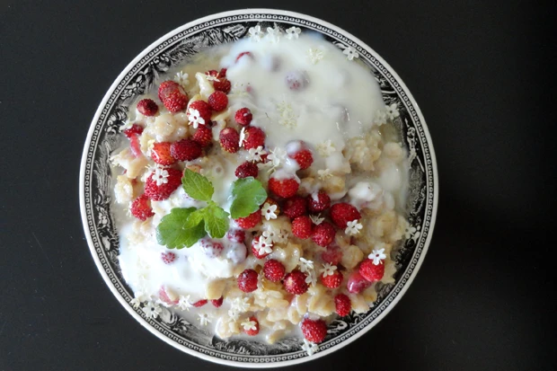 Porridge mit Walderdbeeren und Holunderbl&uuml;ten