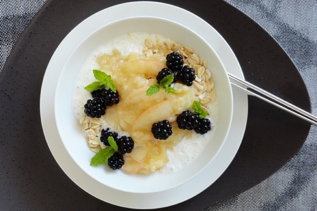 Müsli mit weißem Pfirsichmark und Brombeeren