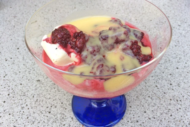 Eisbecher mit heißen Brombeeren und Eierlikör
