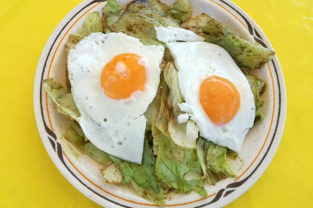 Spiegelei auf gr&uuml;nem Salat