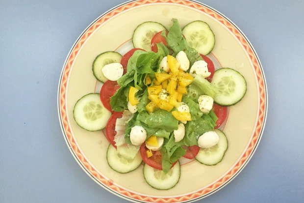 Fitnesssalat mit Tomaten, Gurken, Paprika und Mozzarella