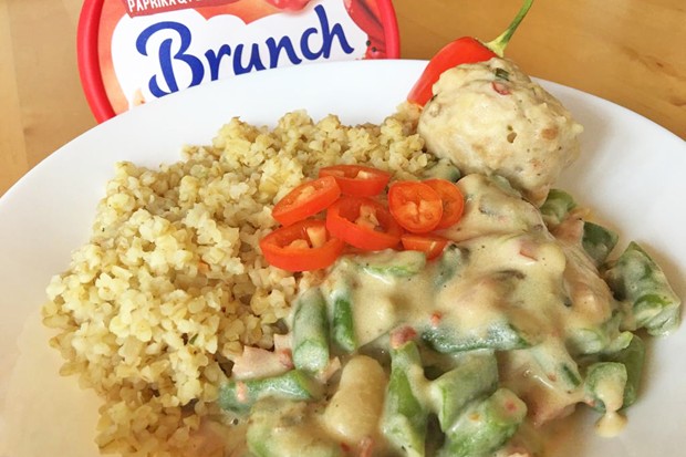 Fisolen an Bulgur mit kleinem Semmelknödel