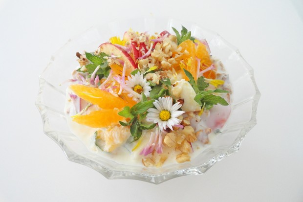 Blüten-Früchte-Joghurt mit Minze und Nüssen